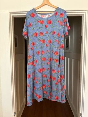 LuLaRoe Blue Dress with Red Rose Print